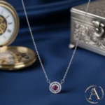 Close up of Ruby-Tone Double Halo Necklace 925 Silver
