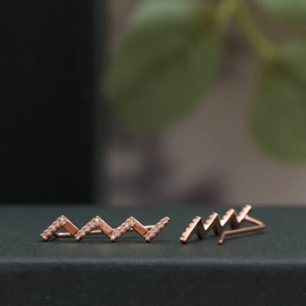 Close up with climber wire display of Rose Gold Zigzag Ear Climbers 925 Silver