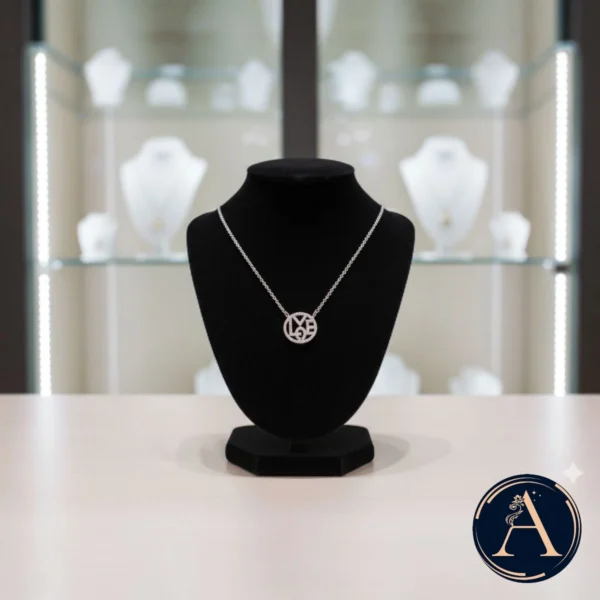 Display on bust of Circular LOVE Pendant Necklace – 925 Silver