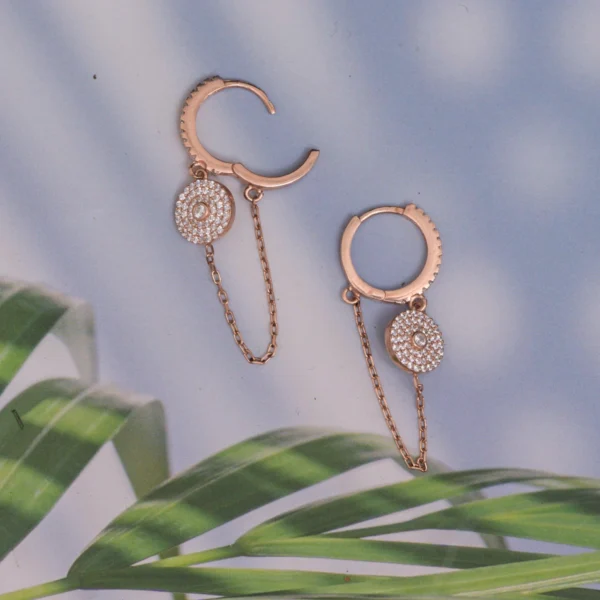 Display with locking mechanism of CZ Circle Drop Chain Earrings 925 Silver