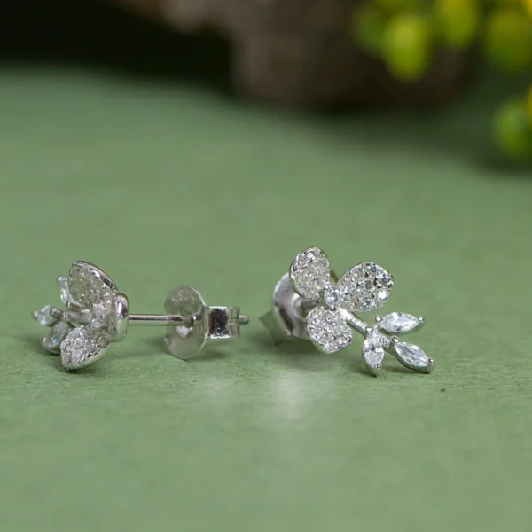 Earrings close up with locking mechanism of Pave Tri-Petal Blossom Set 925 Silver