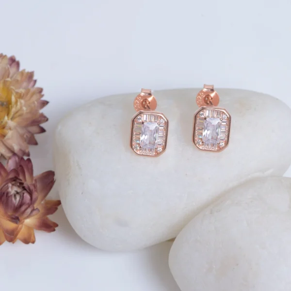 Earrings display of Rose Gold Emerald Cut Halo Set 925 Silver