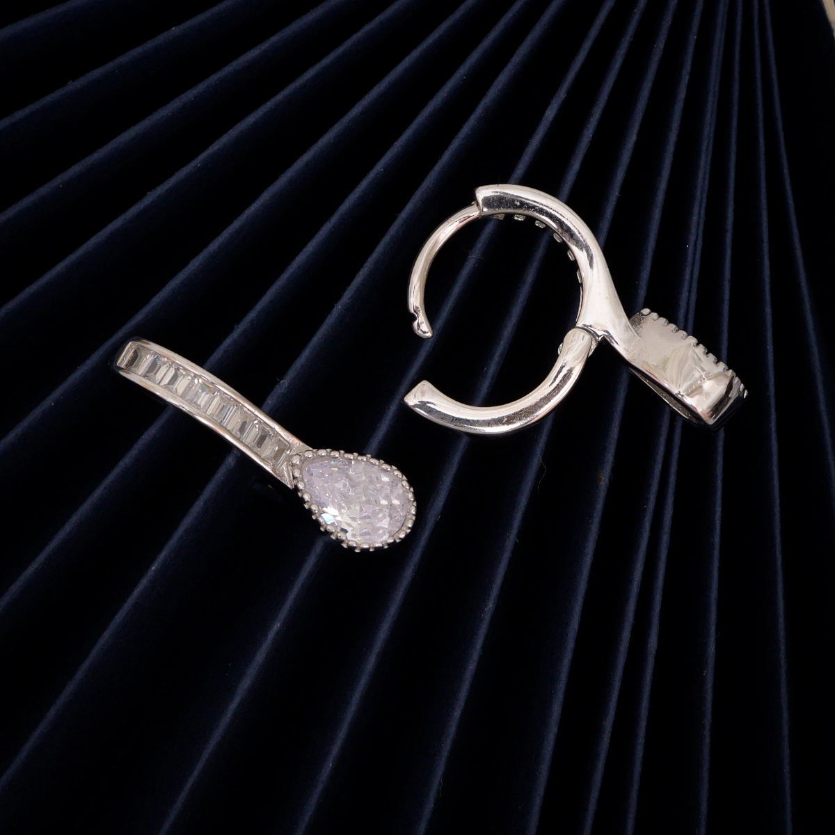 Huggie Hoops with Pear Drop Earrings – 925 Silver 3 Earrings with lock mechanism display of Huggie Hoops with Pear Drop Earrings 925 Silver