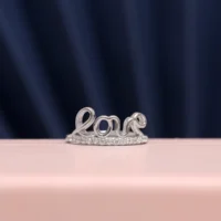 Front view of Love Script Pave Ring 925 Silver