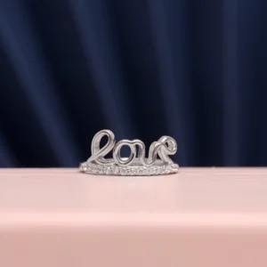 Front view of Love Script Pave Ring 925 Silver
