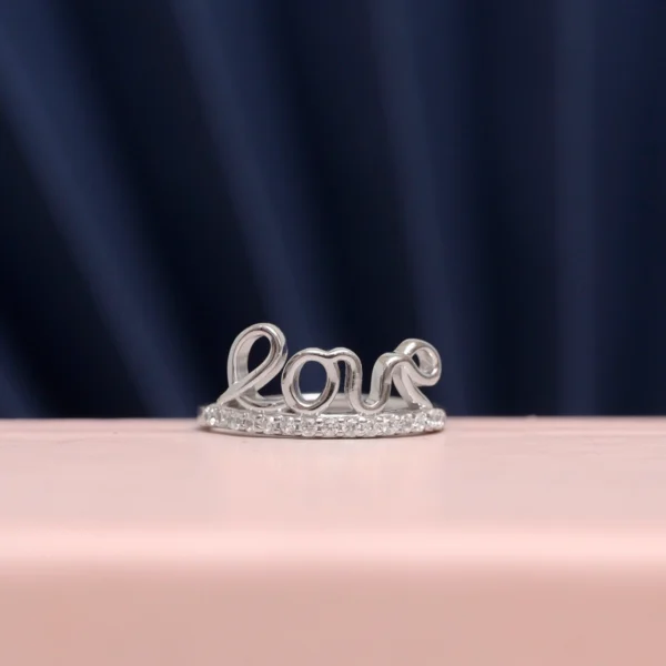 Front view of Love Script Pave Ring 925 Silver