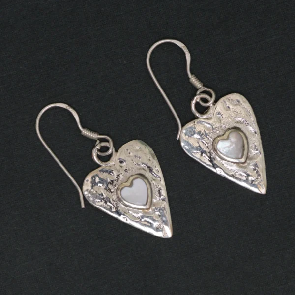 Full display with hook of Mother of Pearl Heart Earrings 925 Silver