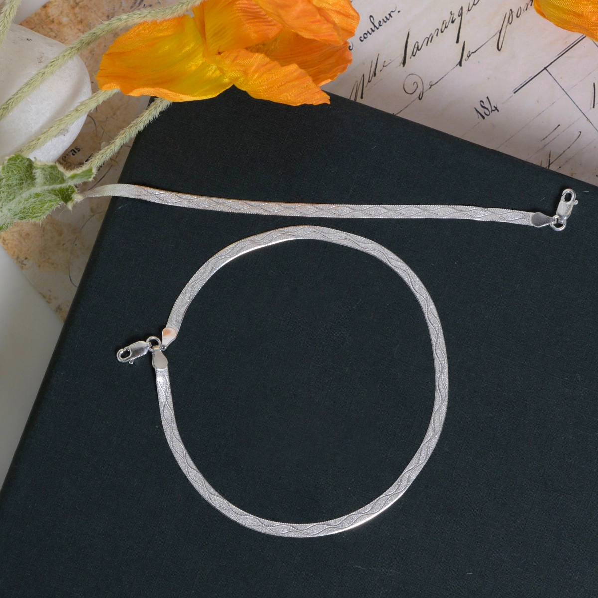 Patterned Herringbone Anklets – 925 Silver 2 Full length display of Patterned Herringbone Anklets 925 Silver