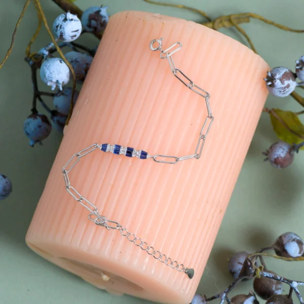 Full length view of Alternating Blue and White Bar Paperclip Bracelet 925 Silver