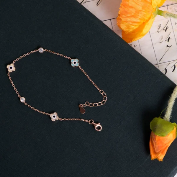Full length view of Floral Evil Eye Bracelet 925 Silver