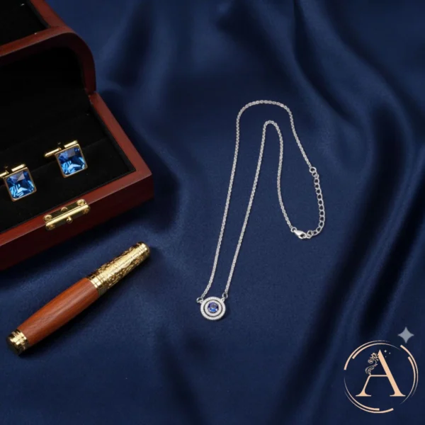 Full length with pendant, chain and locking mechanism display of Dazzling Blue Dual Halo Necklace – 925 Silver