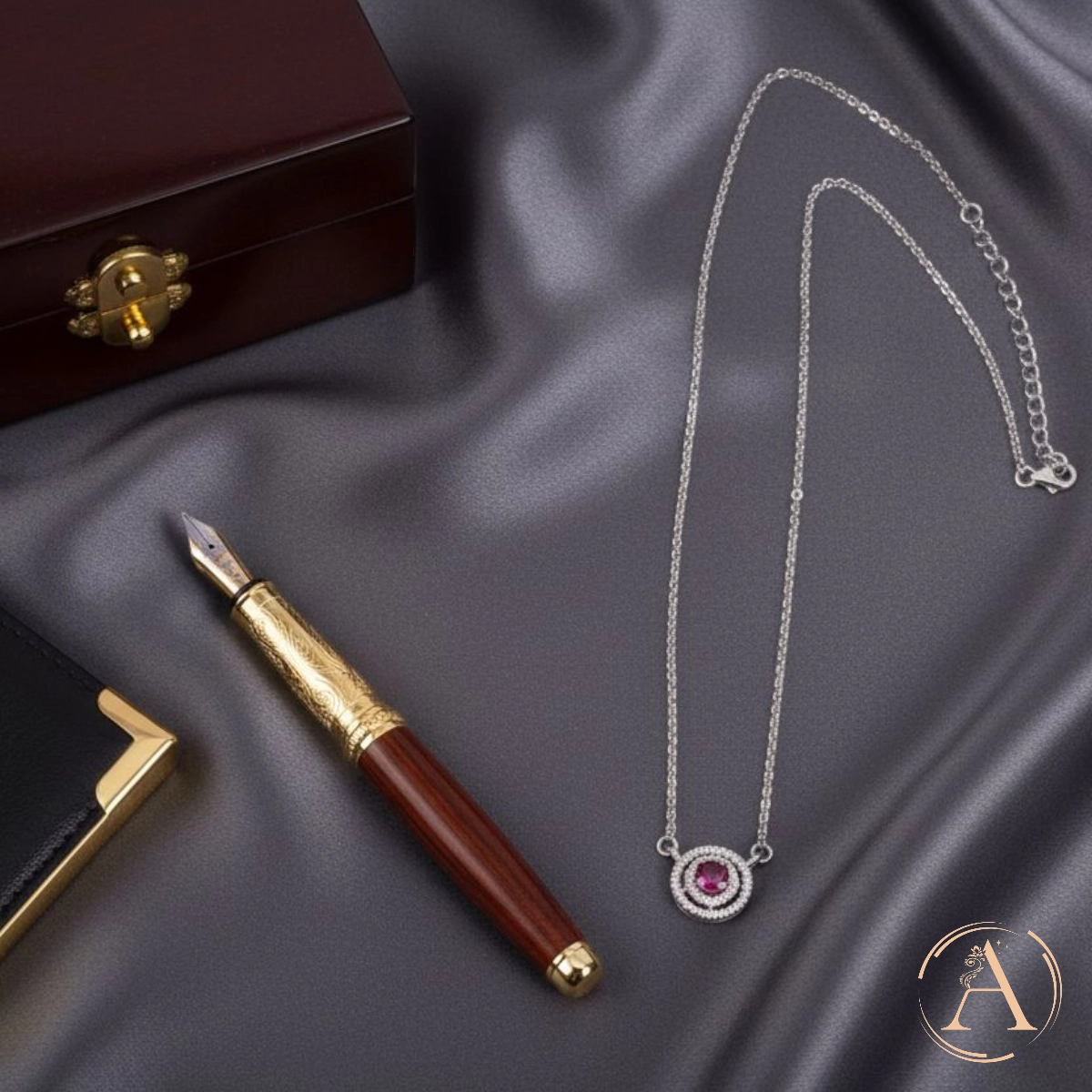 Ruby-Tone Double Halo Necklace – 925 Silver 4 Full length with pendant, chain and locking mechanism of Ruby-Tone Double Halo Necklace 925 Silver