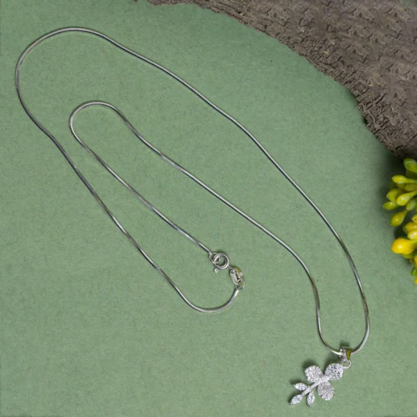 Full pendant and chain display of Pave Tri-Petal Blossom Set 925 Silver