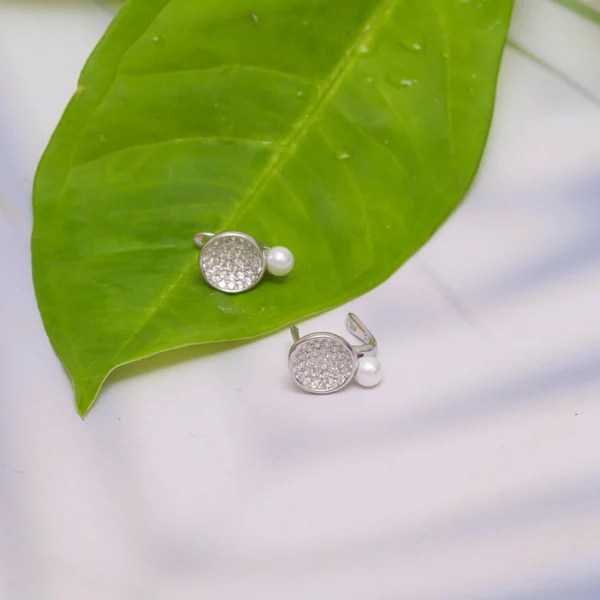Full view of Disc Pearl Stud Earrings 925 Silver
