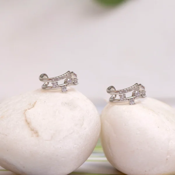 Full view of Double-Row CZ Bar Huggie Earrings 925 Silver