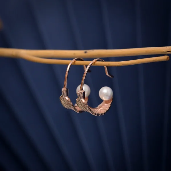 Full view of Rose Gold Feather Pearl Open Hoops 925 Silver