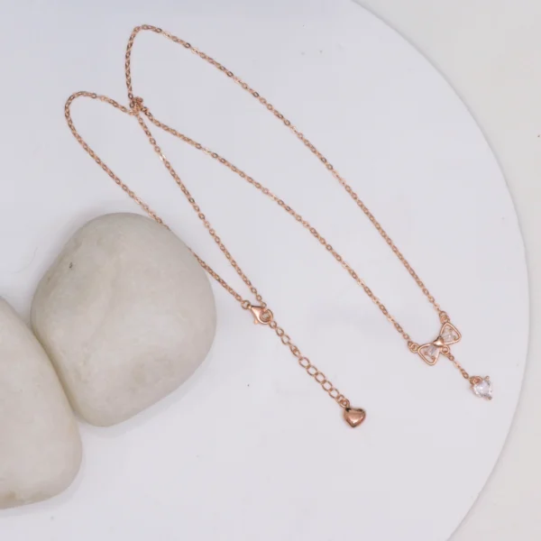 Full view of necklace of Rose Gold Bow Lariat Set 925 Silver