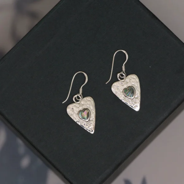 Full view with hook display of Abalone Heart Earrings 925 Silver