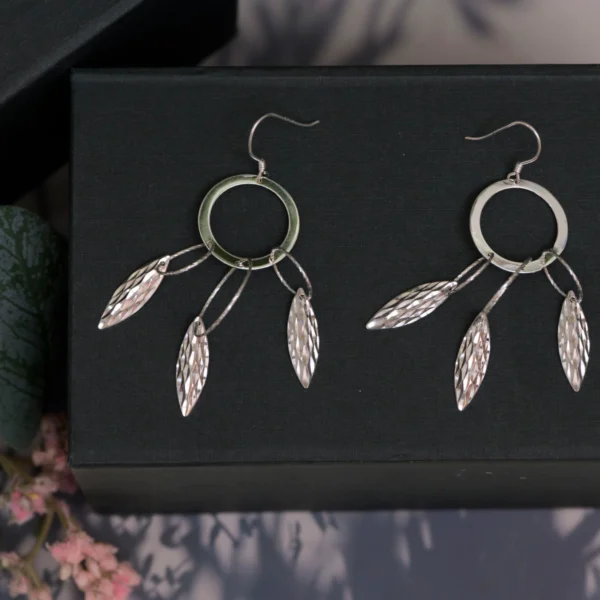 Full view with hook display of Dangling Leaf Earrings 925 Silver