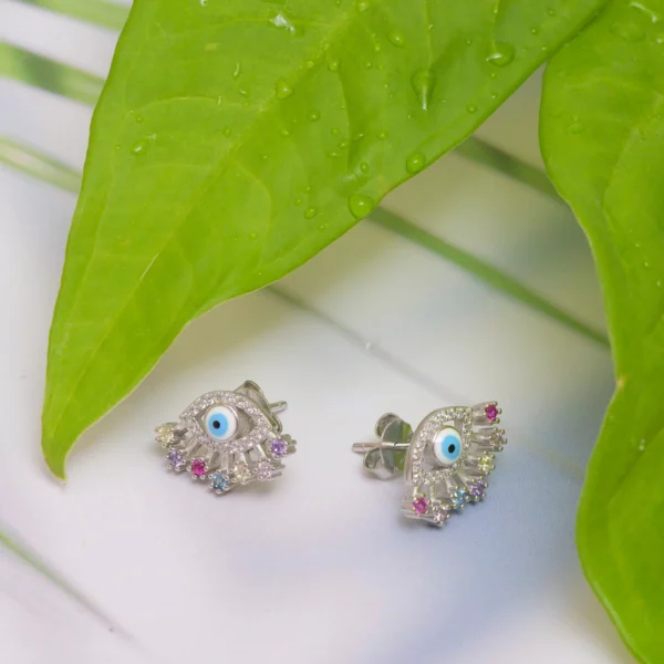 Full view with locking mechanism display of Evil Eye CZ Stud Earrings 925 Silver