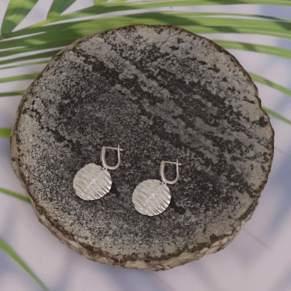 Full view with locking mechanism display of Ripple Disc Drop Earrings 925 Silver