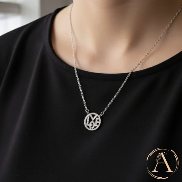Model wearing Circular LOVE Pendant Necklace – 925 Silver