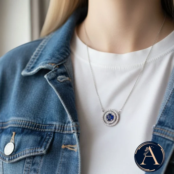 Model wearing Dazzling Blue Dual Halo Necklace – 925 Silver