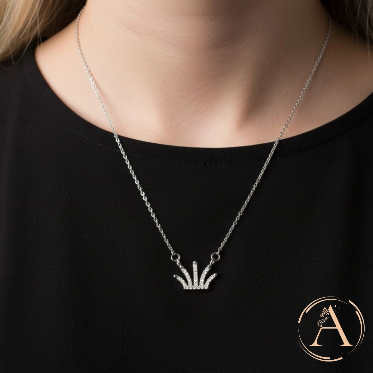 Mini Crown Tiara Necklace – 925 Silver 3 Model wearing Mini Crown Tiara Necklace 925 Silver