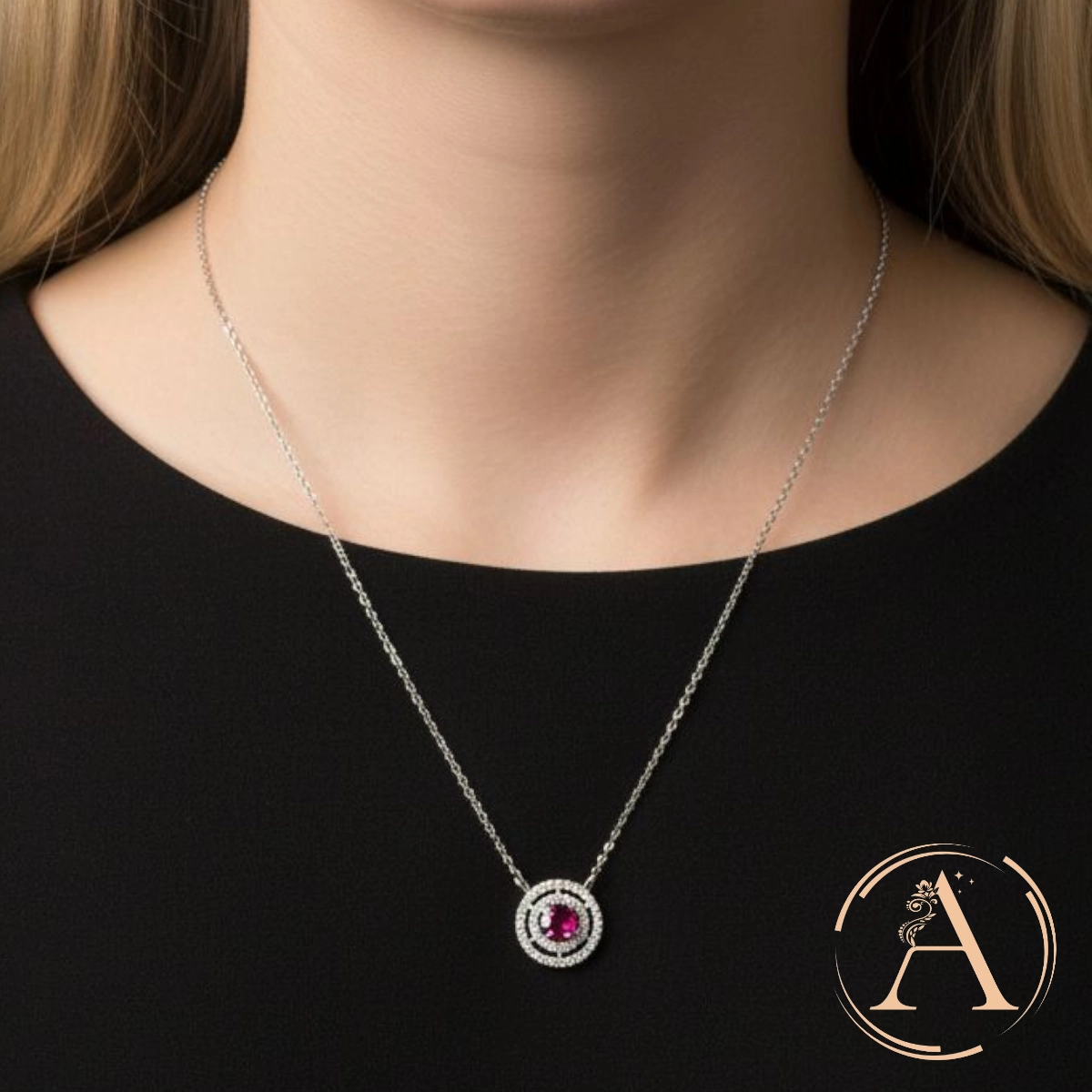 Ruby-Tone Double Halo Necklace – 925 Silver 2 Model wearing Ruby-Tone Double Halo Necklace 925 Silver