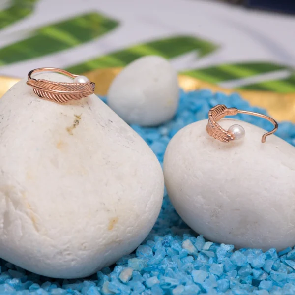 Pearl and feather display of Rose Gold Feather Pearl Open Hoops 925 Silver