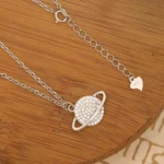 Pendant and Lock display of Pave Saturn Ring Planet Necklace 925 Silver
