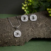 Pendant and earrings close up of Baguette Halo Cushion Set 925 Silver