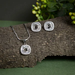 Pendant and earrings close up of Baguette Halo Cushion Set 925 Silver
