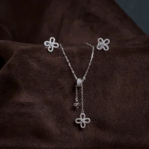 Pendant and earrings close up of Pave Clover Lariat Set 925 Silver