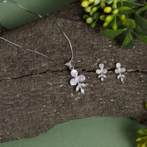 Pendant and earrings close up of Pave Tri-Petal Blossom Set 925 Silver