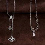 Pendant and locking mechanism close up of Pave Clover Lariat Set 925 Silver