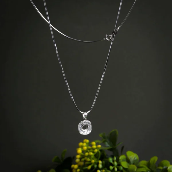 Pendant and snake chain display of Baguette Halo Cushion Set 925 Silver