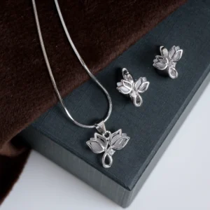 Pendant and stud earrings close up of Lotus Pendant and Stud Set 925 Silver