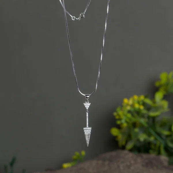 Pendant, snake chain and locking mechanism display of Geometric Triangle Lariat Set 925 Silver