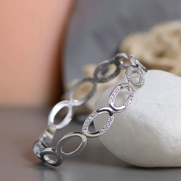 Side links display of Dual Finish CZ Link Bracelet 925 Silver