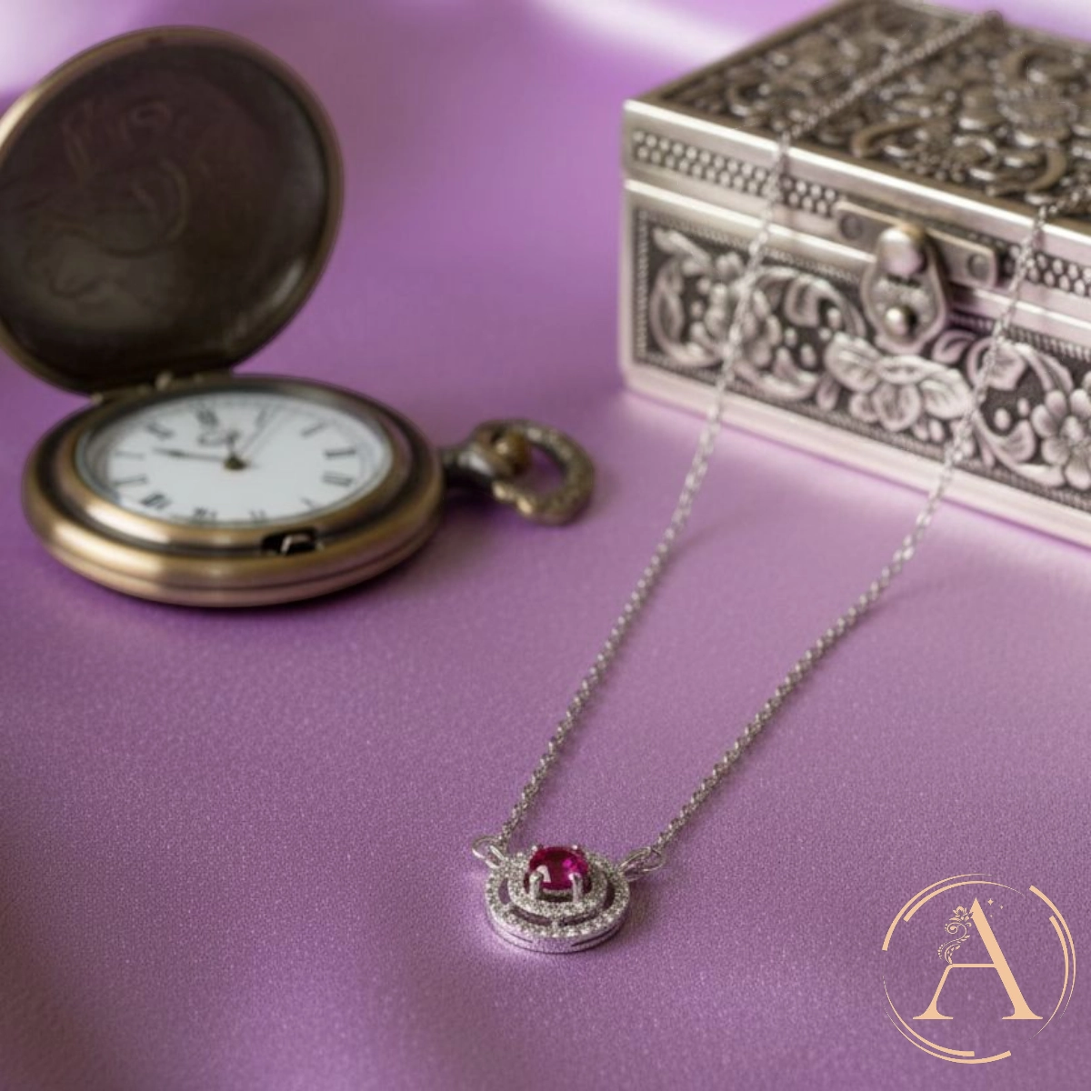 Ruby-Tone Double Halo Necklace – 925 Silver 3 Side view of Ruby-Tone Double Halo Necklace 925 Silver