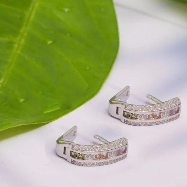 Top view with locking mechanism display of Rainbow Channel Huggie Earrings 925 Silver