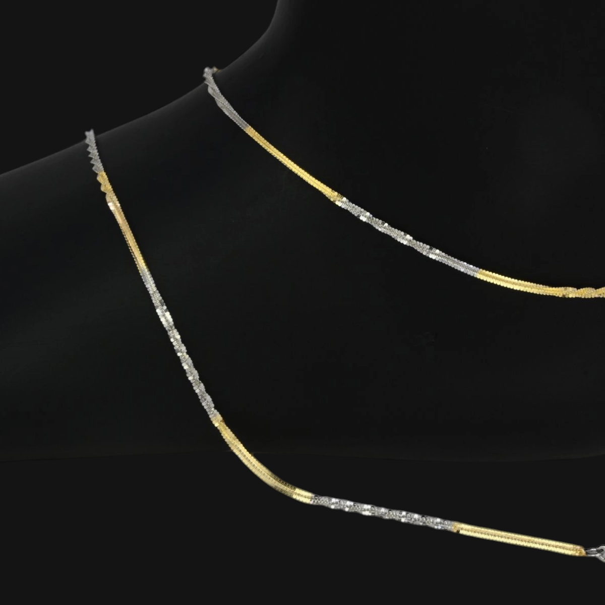 Chic Dual-Tone Sparkle-Cut Herringbone Anklets – 925 Silver 2 Close up of Chic Dual-Tone Sparkle-Cut Herringbone Anklets 925 Silver