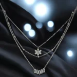 Close up of Layered Floral Baguette CZ Necklace 925 Silver