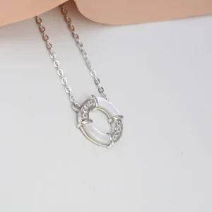 Luminous Mother of Pearl CZ Circle Necklace – 925 Silver 25 Close up of Luminous Mother of Pearl CZ Circle Necklace 925 Silver