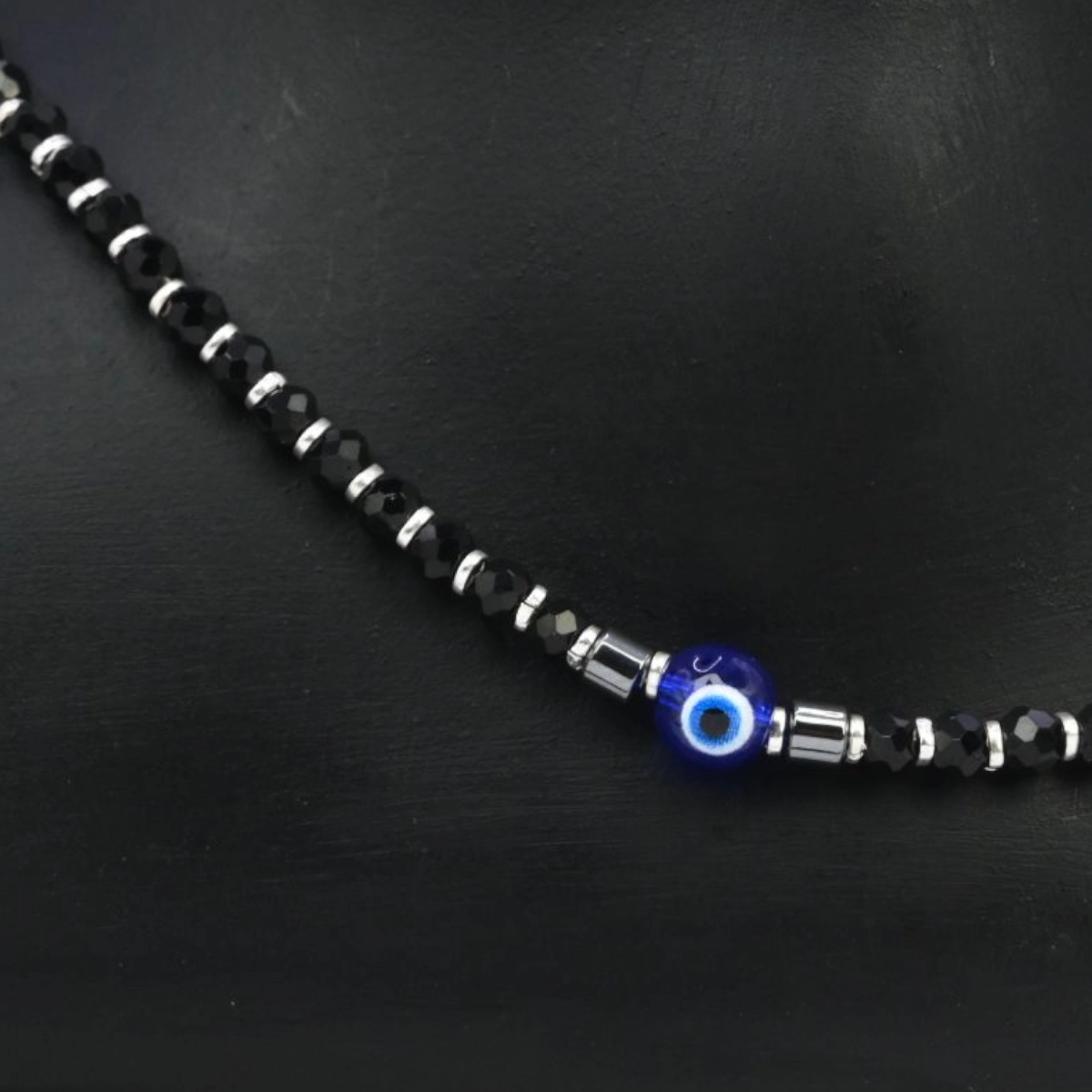 Minimalist Black Bead Evil Eye Anklets – 925 Silver 1 Close up of Minimalist Black Bead Evil Eye Anklets 925 Silver