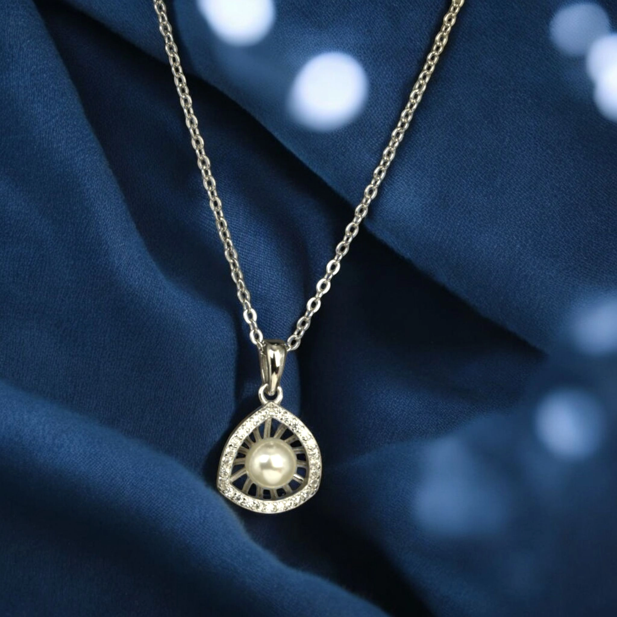 Modern Pearl CZ Triangle Halo Necklace – 925 Silver 2 Close up of Modern Pearl CZ Triangle Halo Necklace 925 Silver