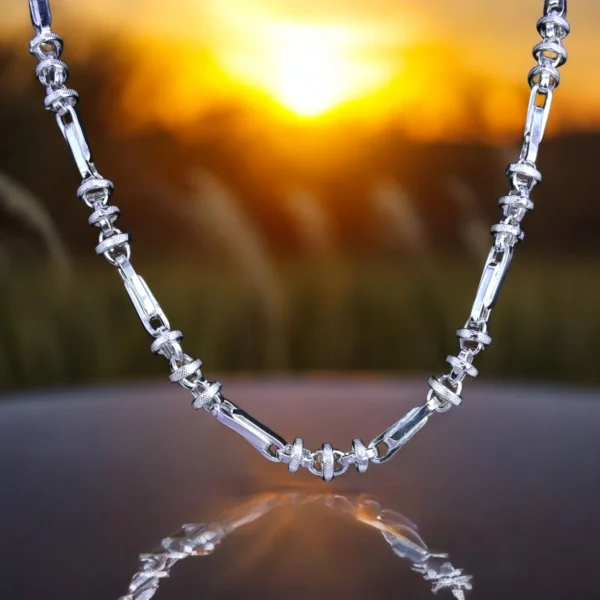Close up of Modern Textured Bar and Ring Chain 925 Silver