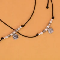 Close up of Romantic Silver Rose Black Thread Anklets 925 Silver