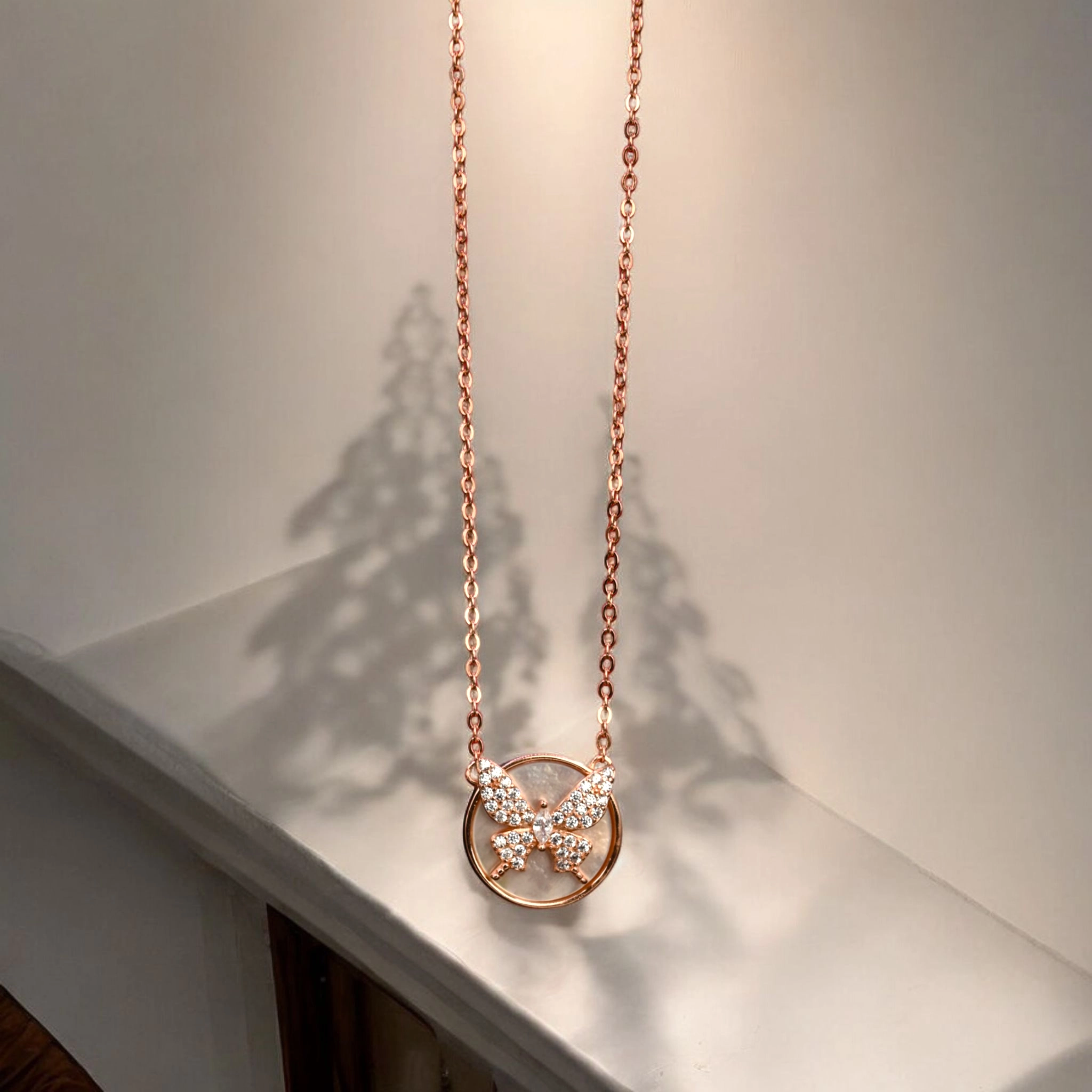 Rose Gold Butterfly Mother of Pearl Necklace – 925 Silver 2 Close up of Rose Gold Butterfly Mother of Pearl Necklace 925 Silver